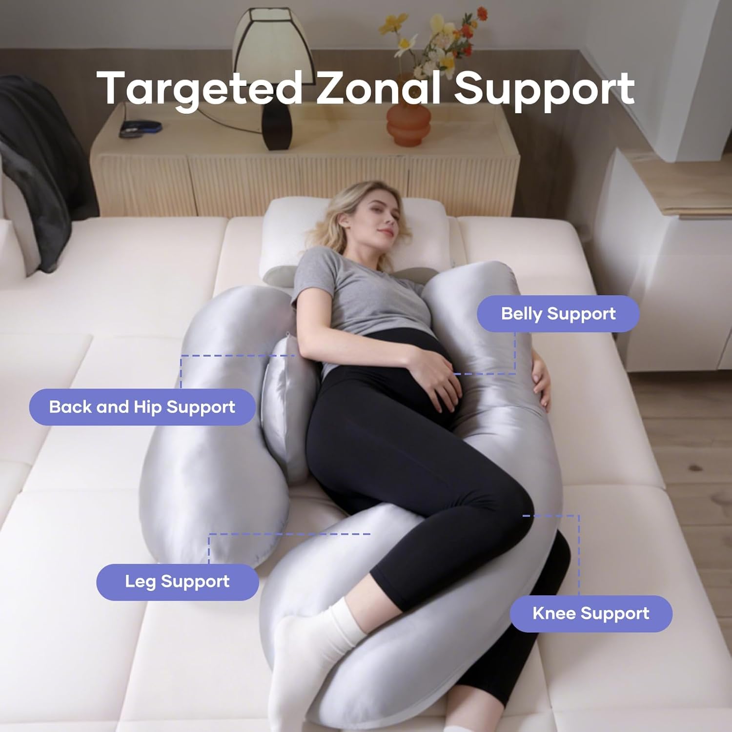 Skiennix Pregnancy Pillow - Adjustable H-Shaped Full Body Support for Side Sleeping | Cooling Cover, Grey