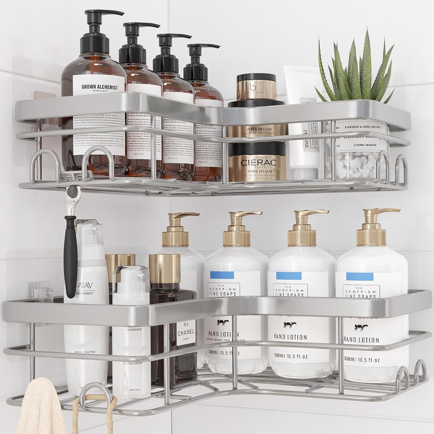 Sakugi Corner Shower Caddy - Rustproof Stainless Steel Organizers with 8 Hooks | No Drilling, Space-Saving, Silver, 2 Pack