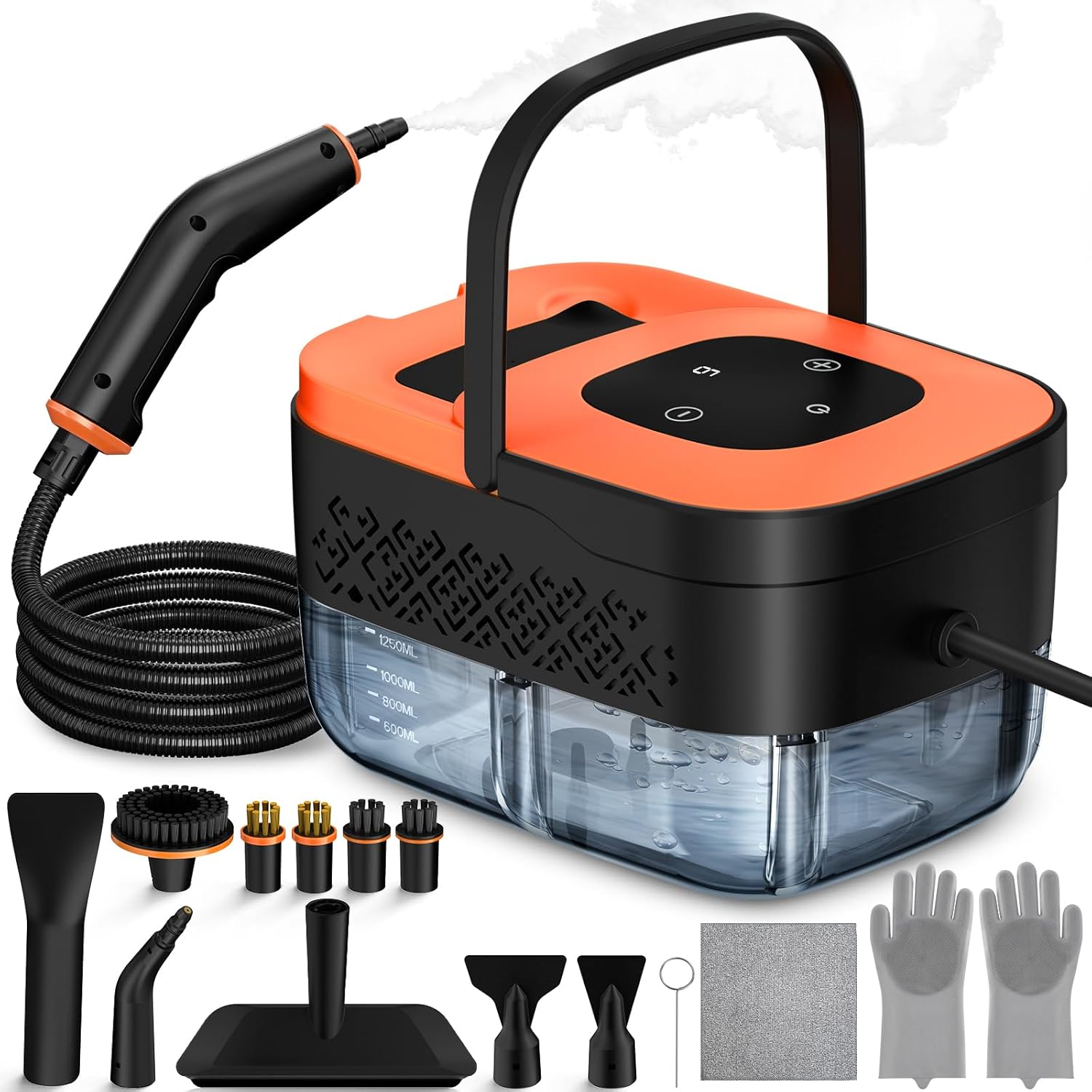 Skiennix Portable Steam Cleaner - Handheld Steamer with 16 Accessories, 6-Level Adjustable, 15s Heat-Up, Ideal for Home & Car Detailing - Orange