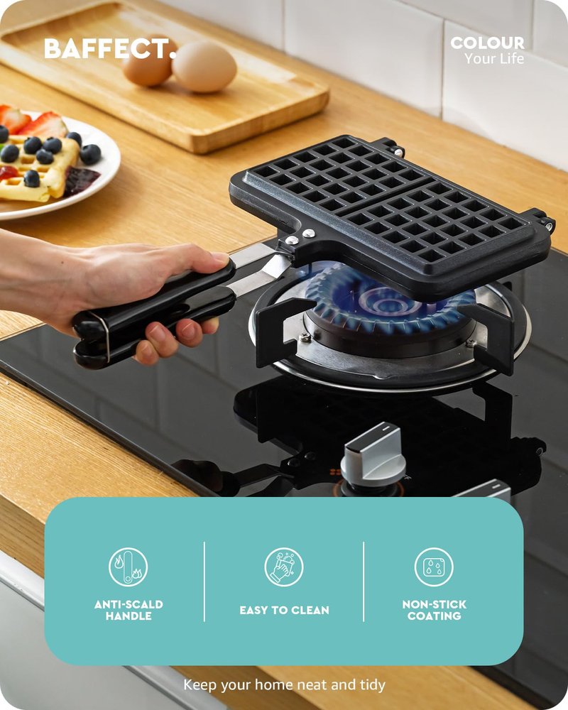 Baffect Non-stick Cast Aluminum Stovetop Waffle Iron, 8.7 Inches Camping Waffle Maker Pan, Portable Stove Top Aluminum Waffle Maker Pan for Family Breakfast Baking