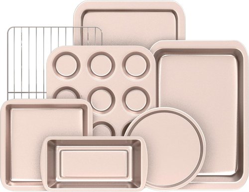 KITESSENSU Nonstick Baking Pans Set - 7-Piece Bakeware with Cake, Loaf, Muffin, Cookie Pans & Mitts | Gold