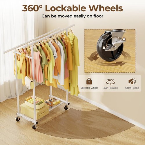 HYSEYY Rolling Clothes Rack - Sturdy Double Rod Portable Wardrobe for Bedroom & Laundry | White