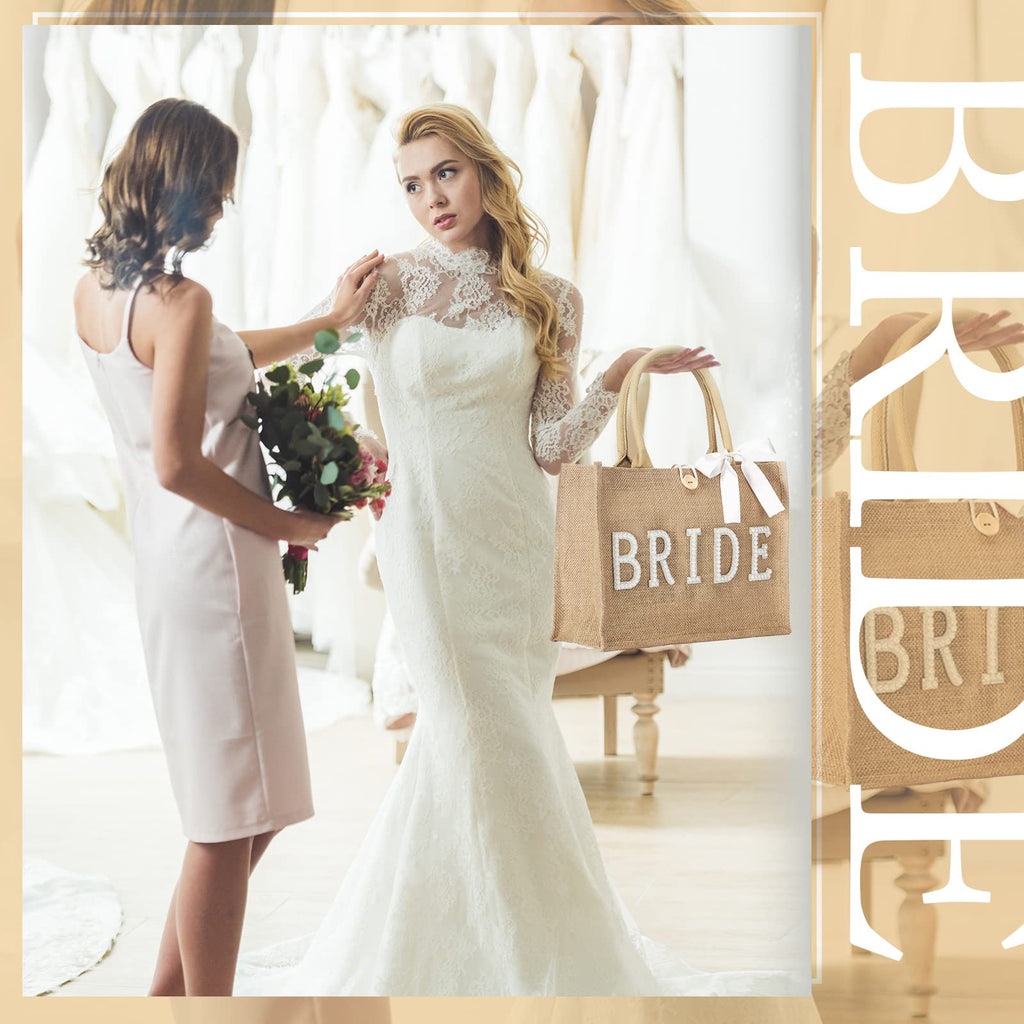 Silkfly Wedding Bride Bag Natural Jute Tote with Ribbon Bride Gift Bag with Handle for Shower(Silver Edges,Bride)