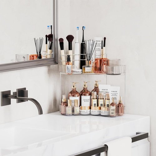 Asayuee 2-Tier Corner Bathroom Organizer - Large Makeup & Skincare Holder with Toothbrush Slots | Clear