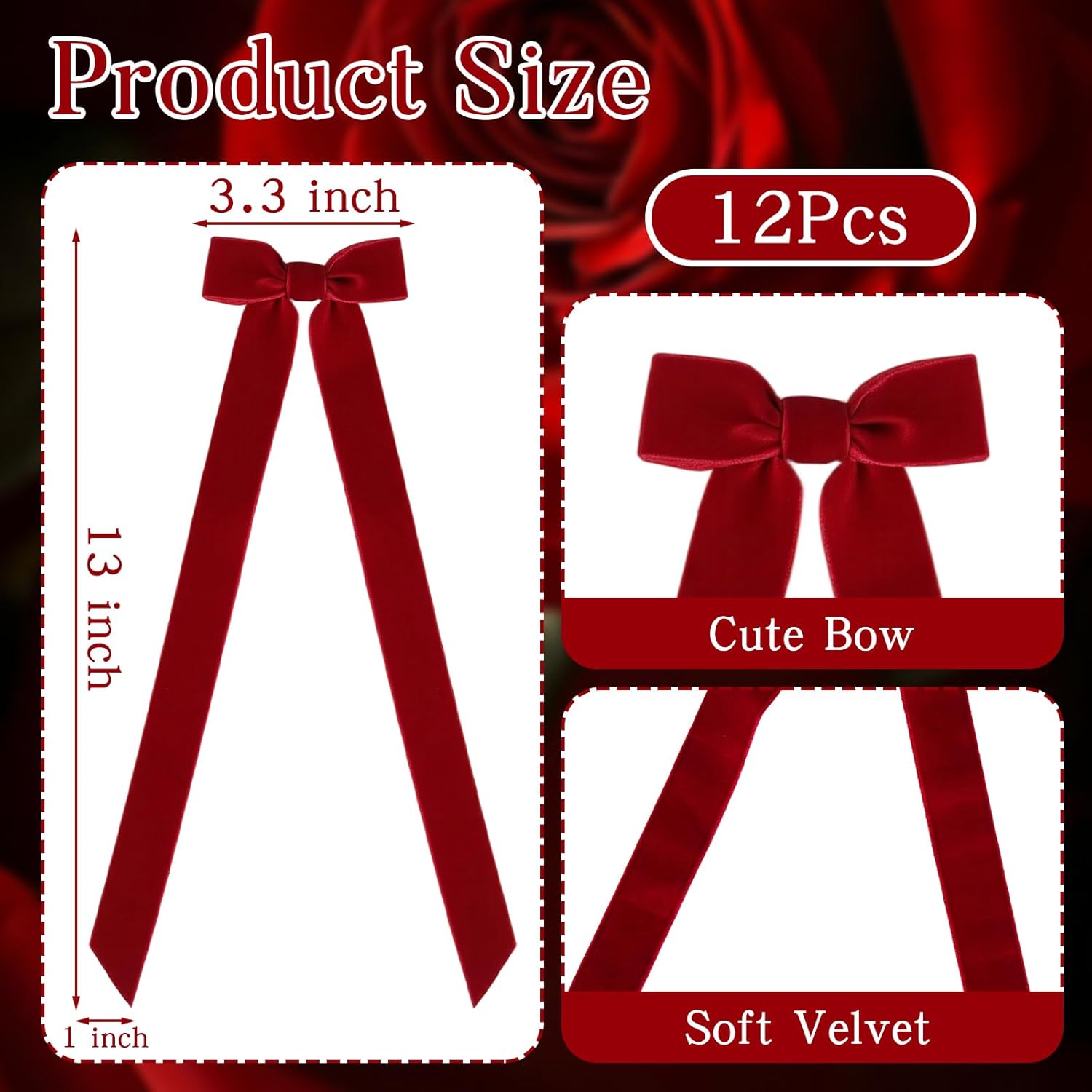 Regine Switzerland 12Pcs Red Christmas Candlestick Bows - 13 Inch Velvet Ribbon for Table Decor & Gift Wrapping