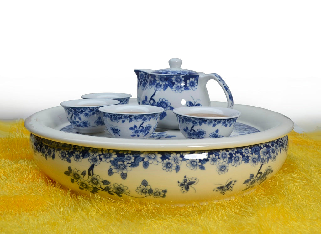 Porcelain Tea Tray, Double-Layer Ceramic Tray Round for Tea Coffee Serving Table (Fish)