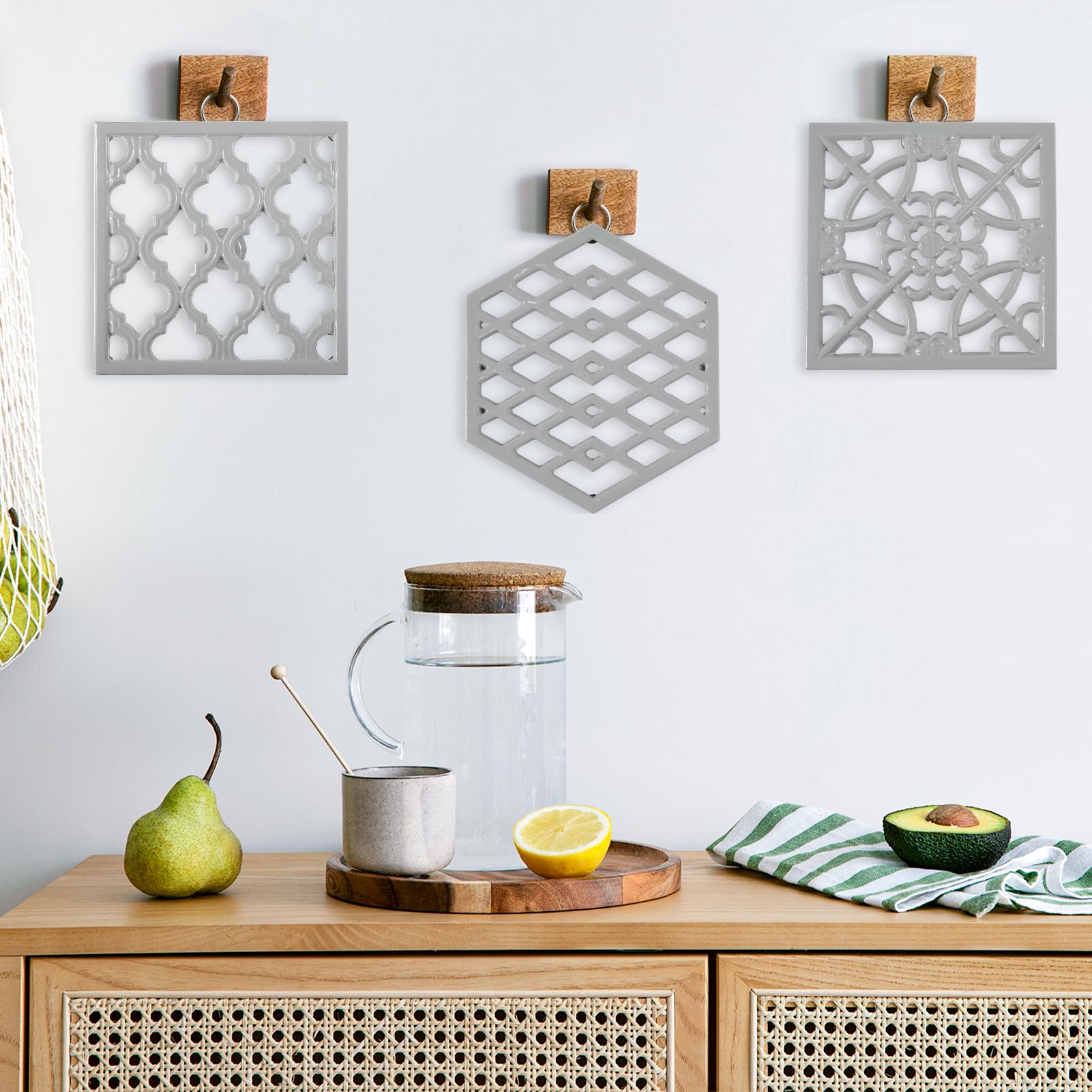 JOGREFUL 2 Pack Cast Iron Trivet Mats, Kitchen Pot Holders to Portect Table/Countertops, Heat Resistant Mats for Teapot/Hot Dishers/Plates, Vintage Mats with Weighted-Base, Gray