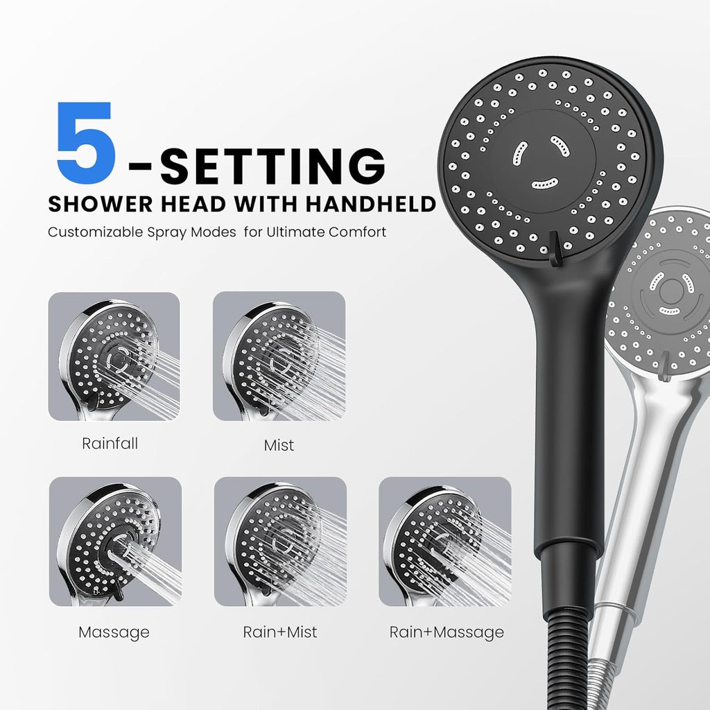 Skiennix Wide Rain Shower Head - 5 Modes Handheld Showerhead Combo with High Pressure | Adjustable Black Design