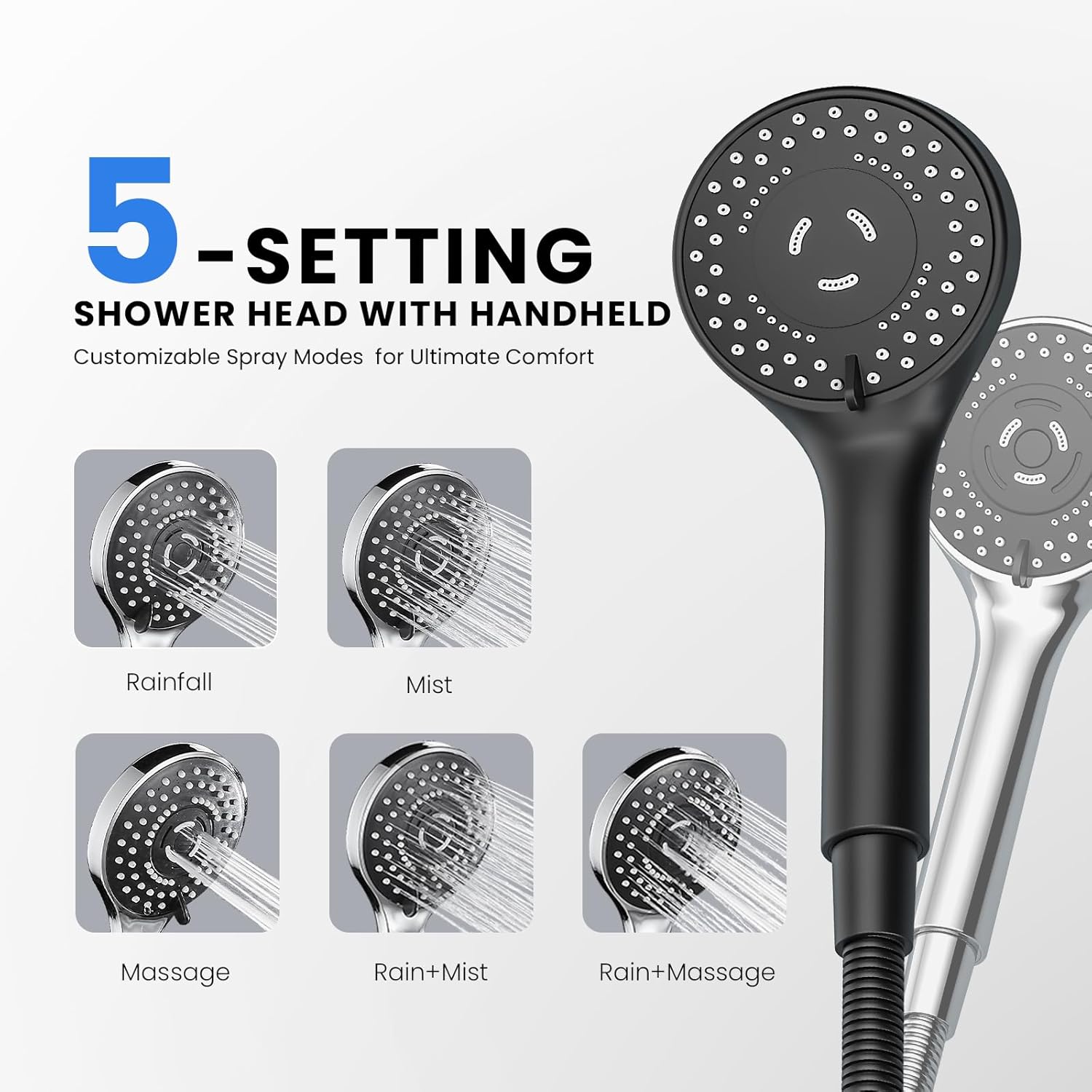 Skiennix Wide Rain Shower Head - 5 Modes Handheld Showerhead Combo with High Pressure | Adjustable Black Design