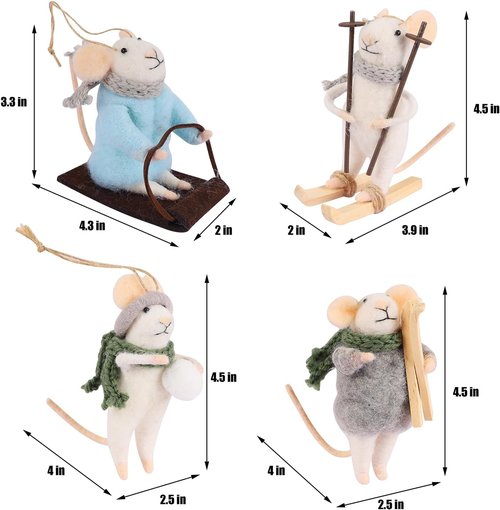 Juegoal Felt Skiing Mice Ornaments - Set of 4 Cute Wool White Mouse Decorations for Christmas Tree & Wreath