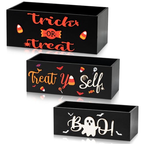 CJiangpo 3Pcs Halloween Candy Bowl - 3D Wooden Funny Trick or Treat Candy Dish Holder, Large Snack Dish Holders Serving Bowl Farmhouse Tiered Tray Decor Table Ornament Halloween Holiday Party Supplies