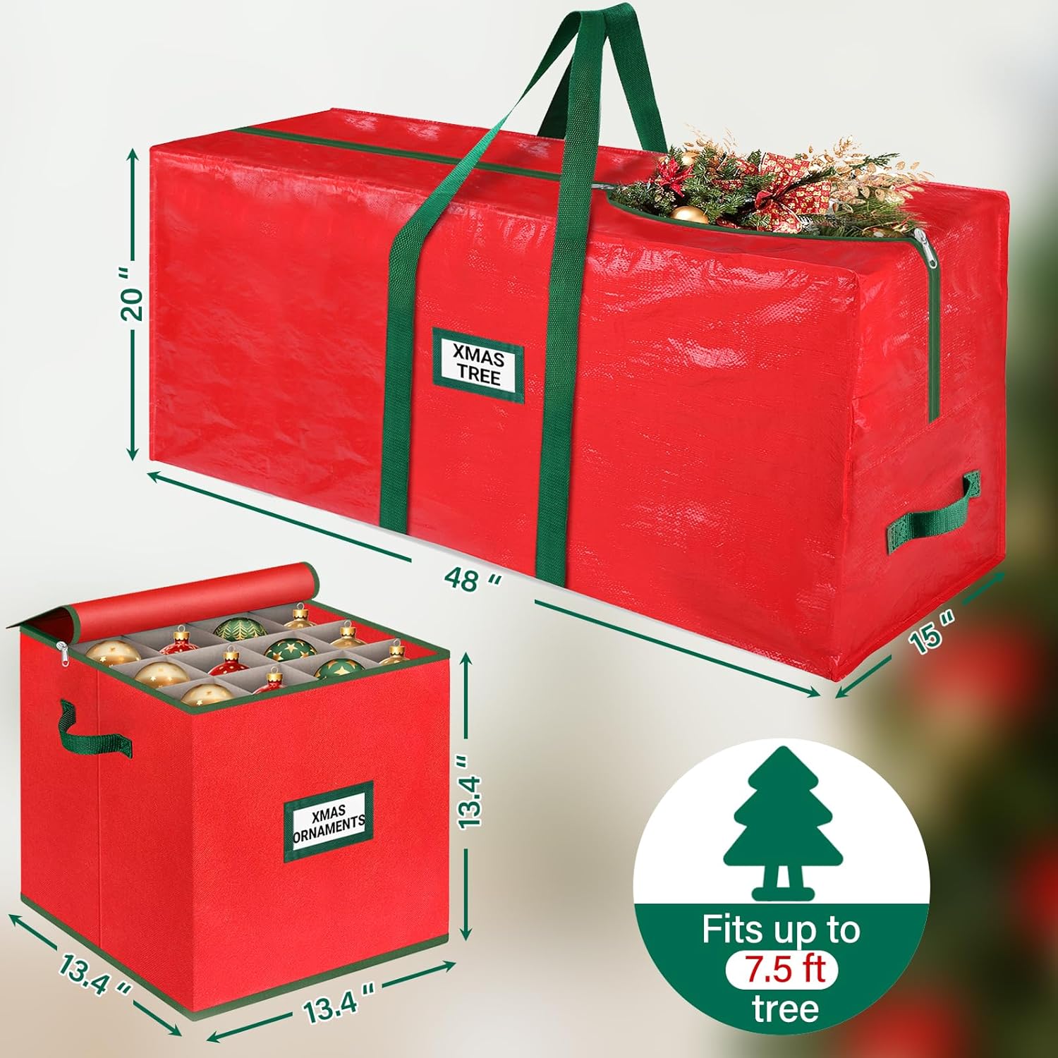 StorageRight Christmas Tree Bag & Ornament Storage Box Set - Water-Resistant 7.5 Ft Tree Storage & 64-Compartment Organizer, Heavy-Duty Red Decor Containers