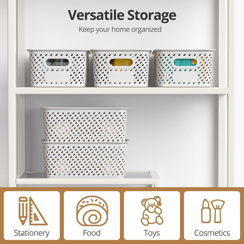 Skiennix Plastic Storage Bins - Stackable Organizing Boxes with Lids | 8-Pack, 10.2x7.2x4.1 Inch, White