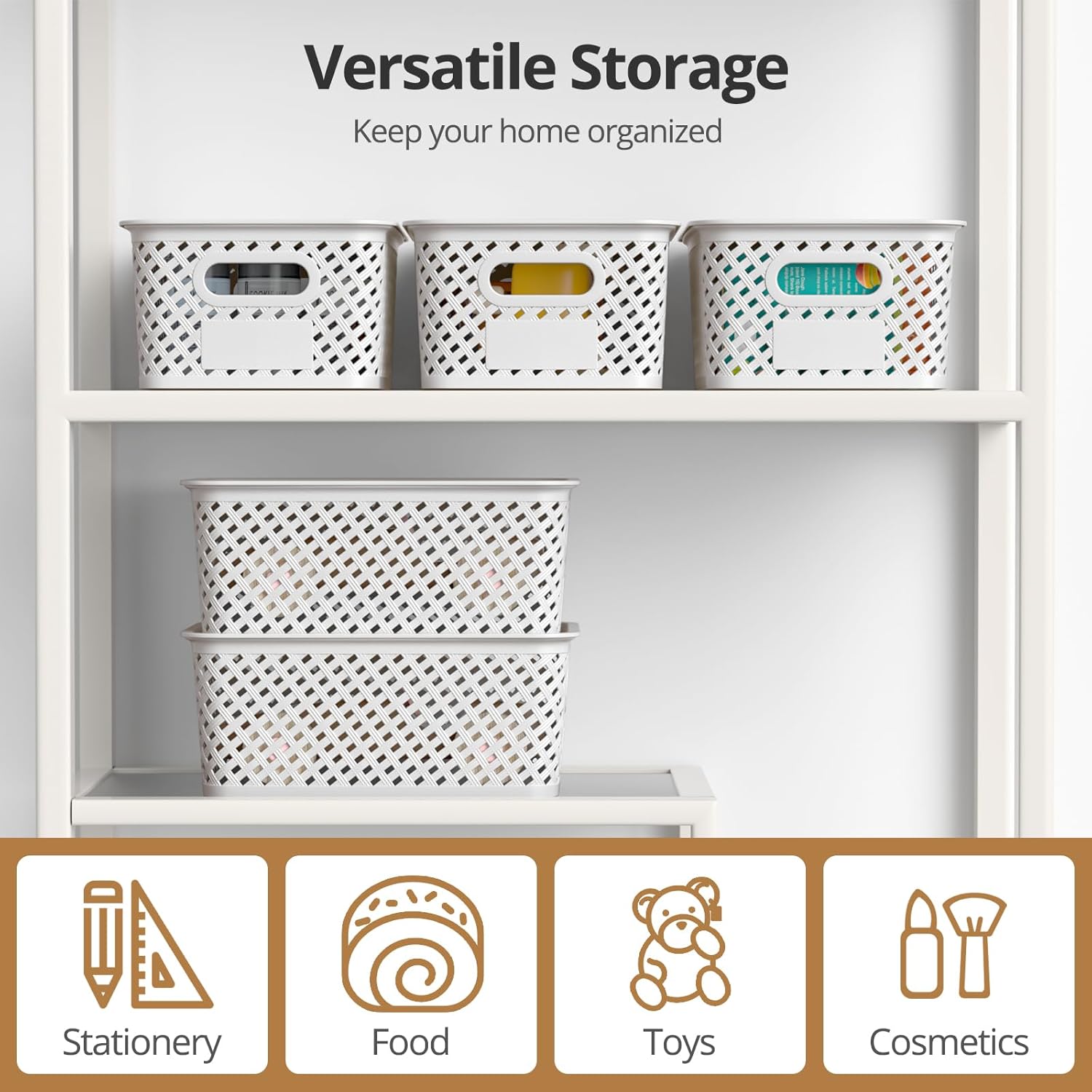 Skiennix Plastic Storage Bins - Stackable Organizing Boxes with Lids | 8-Pack, 10.2x7.2x4.1 Inch, White