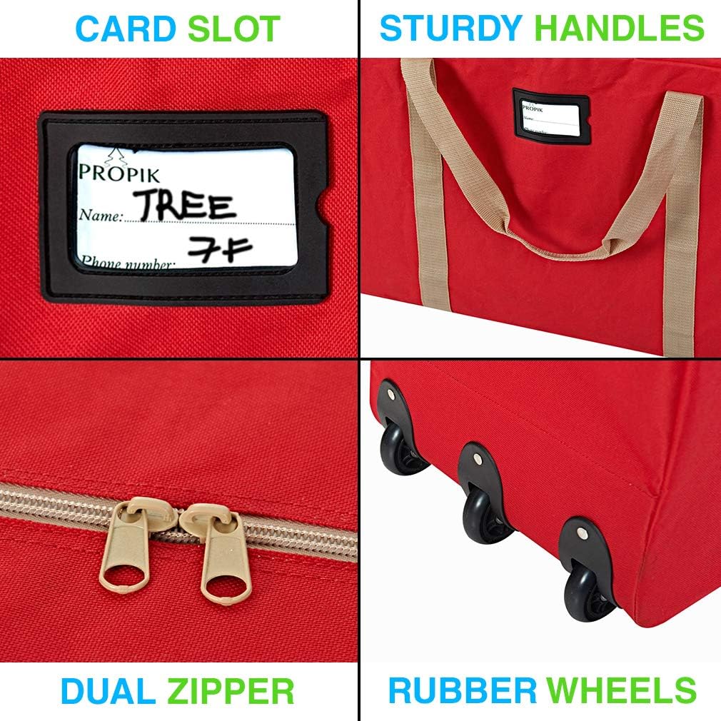 ProPik Christmas Tree Storage Bag - Extra Large Heavy Duty with Wheels | Fits Up to 9 ft Trees, 28"x16"x60", Red