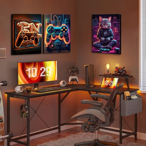 Eysintum Gaming Wall Art - Retro Video Game Controller & Cat Canvas Prints | 12x16in Set of 3 for Boys' Room