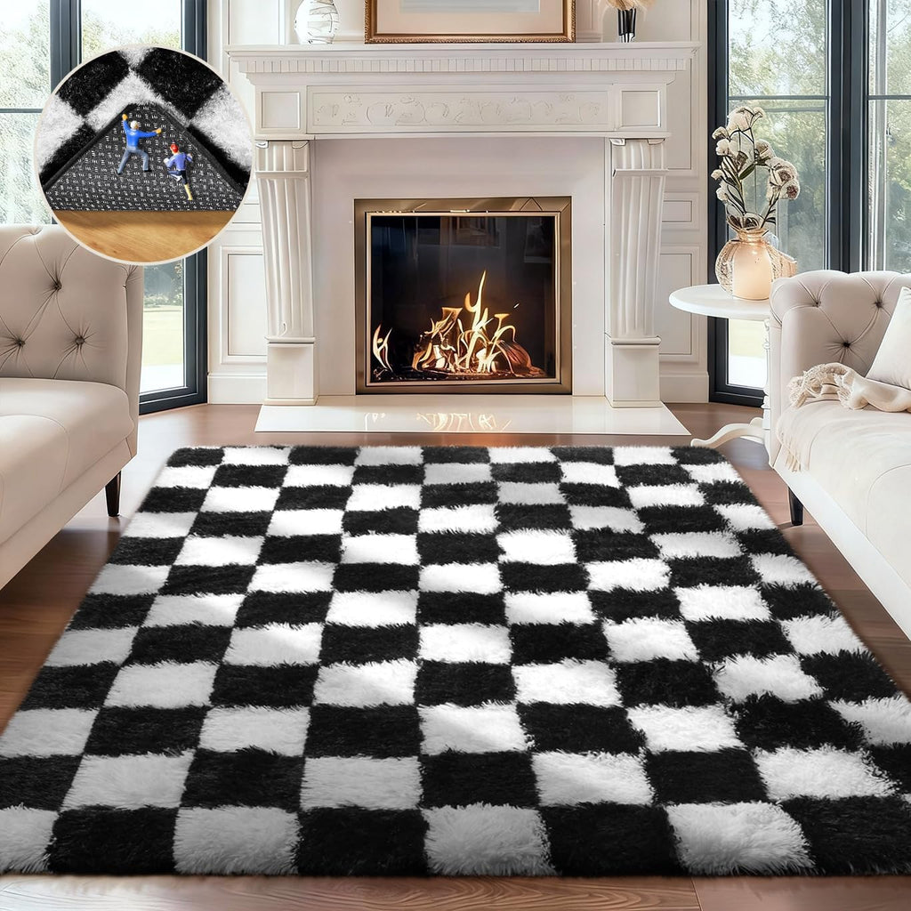 Ophanie Checkered Black & White Area Rug - Soft Fluffy Shag Carpet for Living Room & Bedroom | 4x6 Furry Design