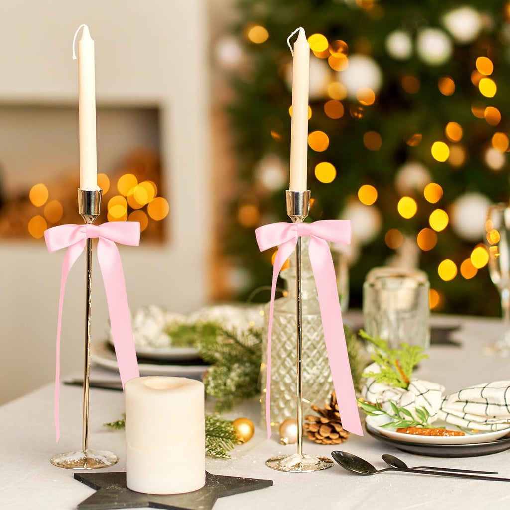 Skiennix 10-Inch Pink Satin Ribbon Bows - 12 Pcs for Candlestick Decor & Gift Wrapping