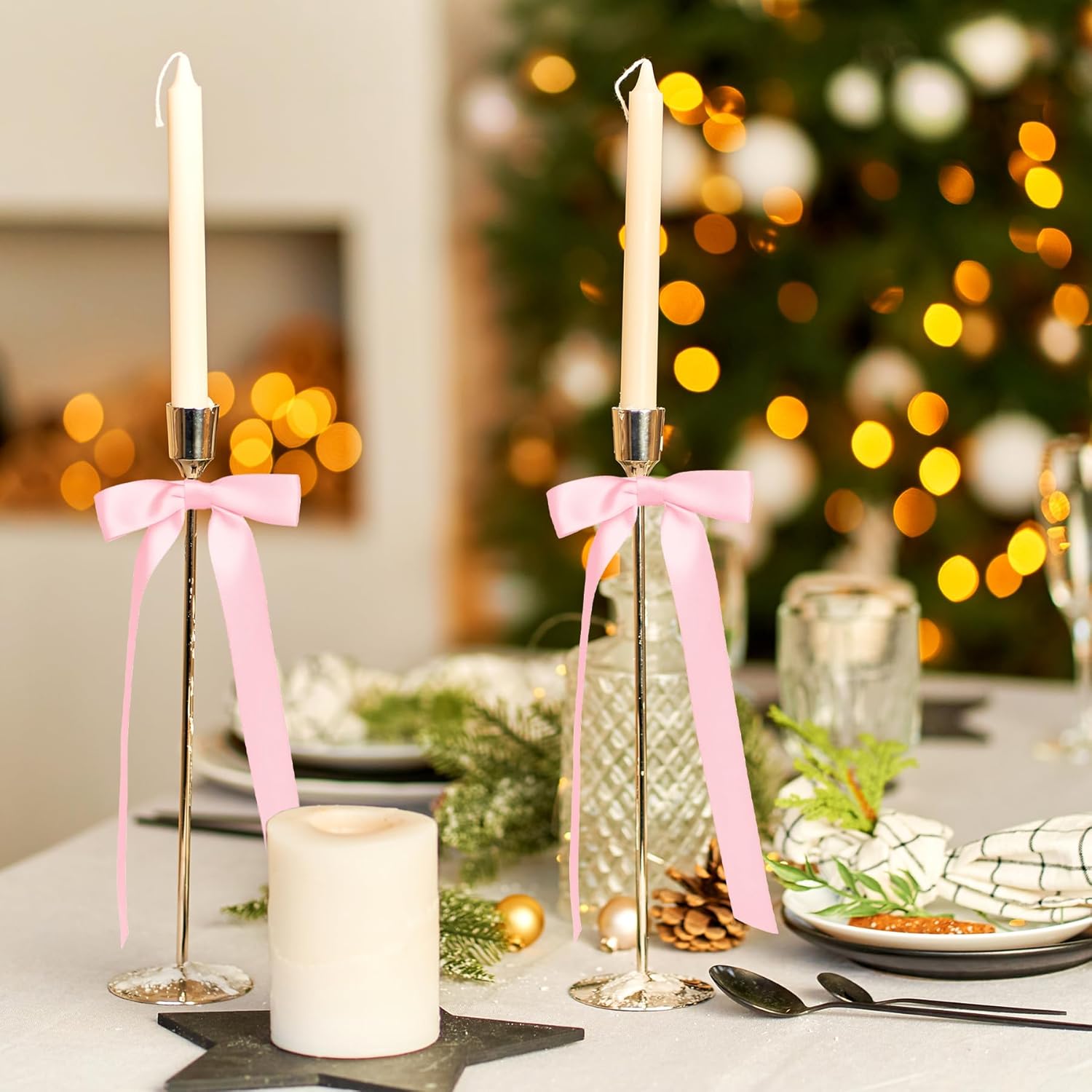 Skiennix 10-Inch Pink Satin Ribbon Bows - 12 Pcs for Candlestick Decor & Gift Wrapping