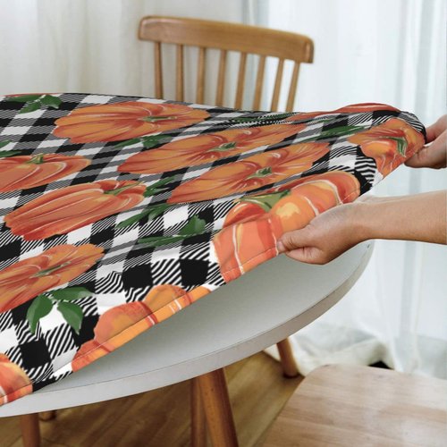 Fiokroo Autumn Pumpkins Checkerboard Tablecloth with Elastic Edge, Round Table Cloth Happy Thanksgiving Washable Reusable Table Cover for Kitchen Dining Party Picnic, Medium