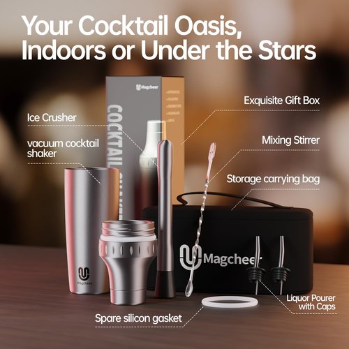 Magcheer Hybrid Cocktail Shaker Set | Vacuum Insulated Stainless Steel Martini Shaker with Strainer & Jigger Lid | Travel cocktail kit with Bartender Accessory Tools | 30oz | Gunmetal Gray