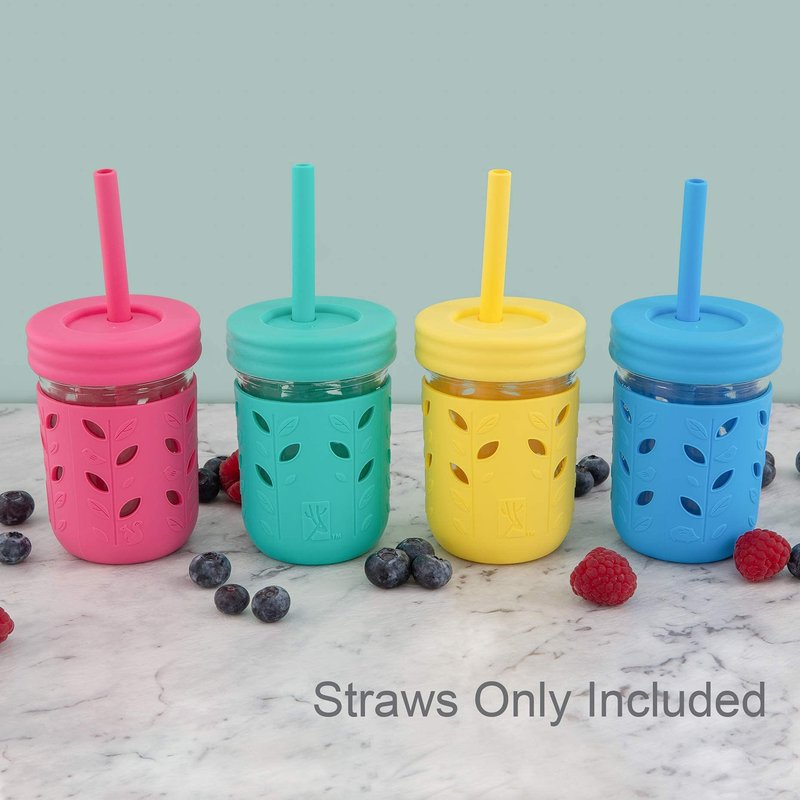 Elk and Friends Adult & Kid's Reusable Silicone Straws with Stopper for 8oz & 10oz Mason Jars or Tumblers, Pack of 8 Colorful Straws 6.3"