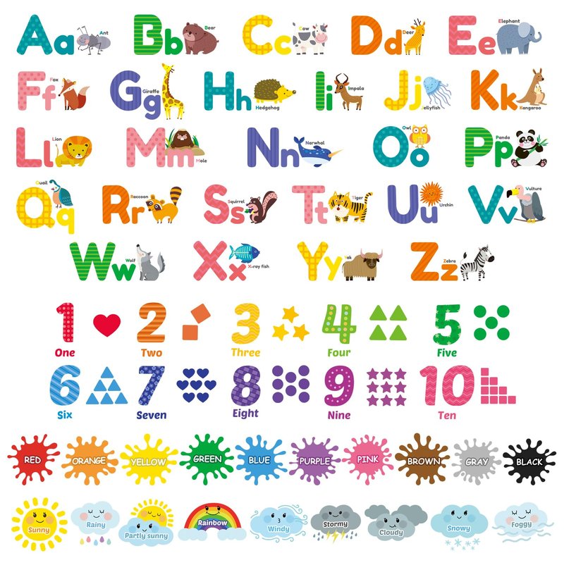 DECOWALL DS12-8070N Animal Alphabet Numbers Colour Weather Kids Wall Stickers Decals playroom Letters Decor Bedroom ABC Nursery Classroom Toddlers Learning Educational Baby Rainbow Colorful