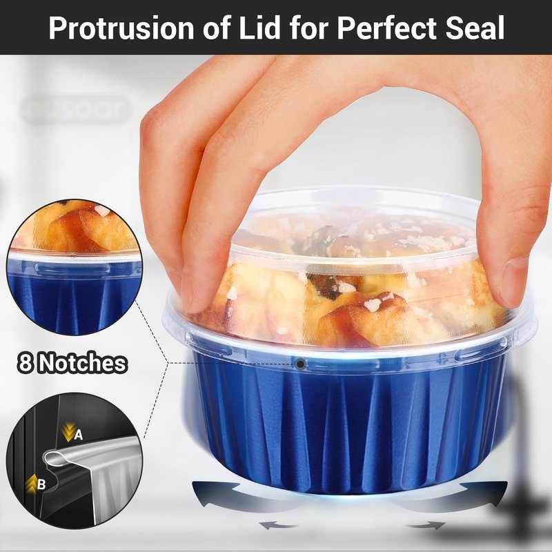 EUSOAR Cupcake Cups with Lids, 5oz 50pcs Disposable Desserts Flan, 3.34"x2.59"x2.35" 125ml Baking Cups with Lids, Aluminum Foil Desserts Cupcake Flan, Catering Gathering Shower Favor-Royal Blue