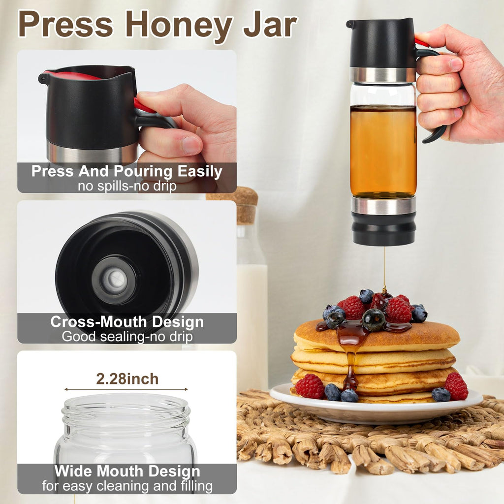 YIK TUNG 12 Oz Glass Honey Dispenser Pot with Silicone Base No Drip Honey Container Jar, Maple Syrup Dispenser with Handle for Pancake, Coffee or Tea Black
