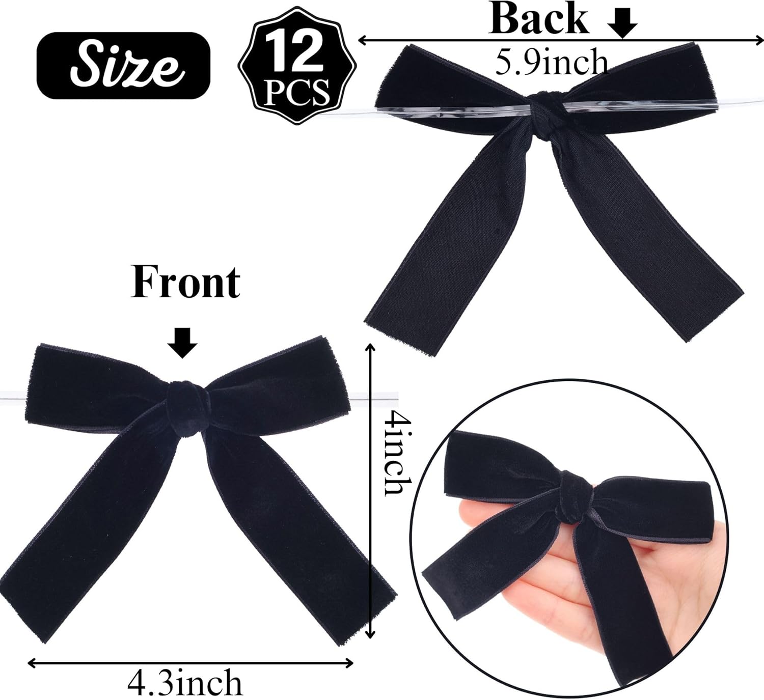 Velvet Bows 12 PCS | Premade Christmas Bows for Trees, Wreaths, Gifts - Elegant Black Decor