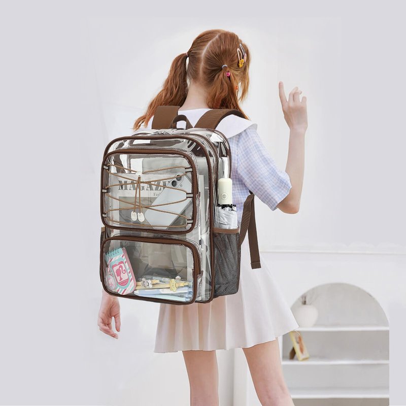 Yusudan Clear Backpack for Girls Women, Heavy Duty Transparent School Backpacks See Through PVC Bookbag for College Work Security Travel (Coffee)