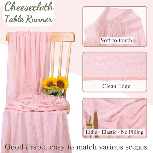 Blushing Pink Cheesecloth Table Runner - 10ft Gauze Runner for Weddings & Events | 32x120 Inches, Boho Rustic Decor