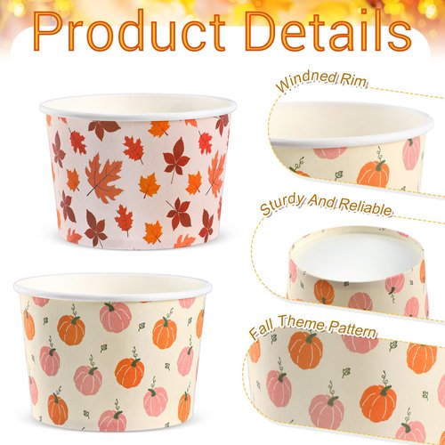Jingmore 100 Pcs 8 oz Fall Treat Snack Cups Pumpkin Maple Leaves Disposable Paper Bowls Thanksgiving Orange Party Favors Paper Bowls for Hot or Cold Food Autumn Party Supplies