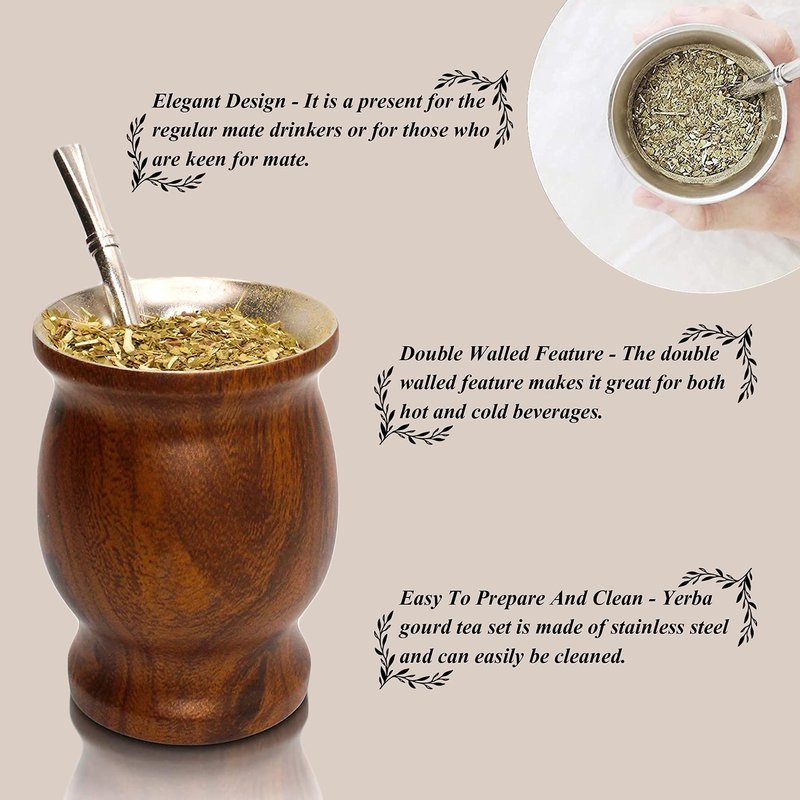 LA FEE Yerba Mate Natural Gourd/Tea Cup Set Brown (Original Traditional Mate Cup - 8 Ounces)，Includes Yerba Mate Straw & Cleaning Brush，Stainless Steel | Double-Walled | Easy to Clean (Brown)