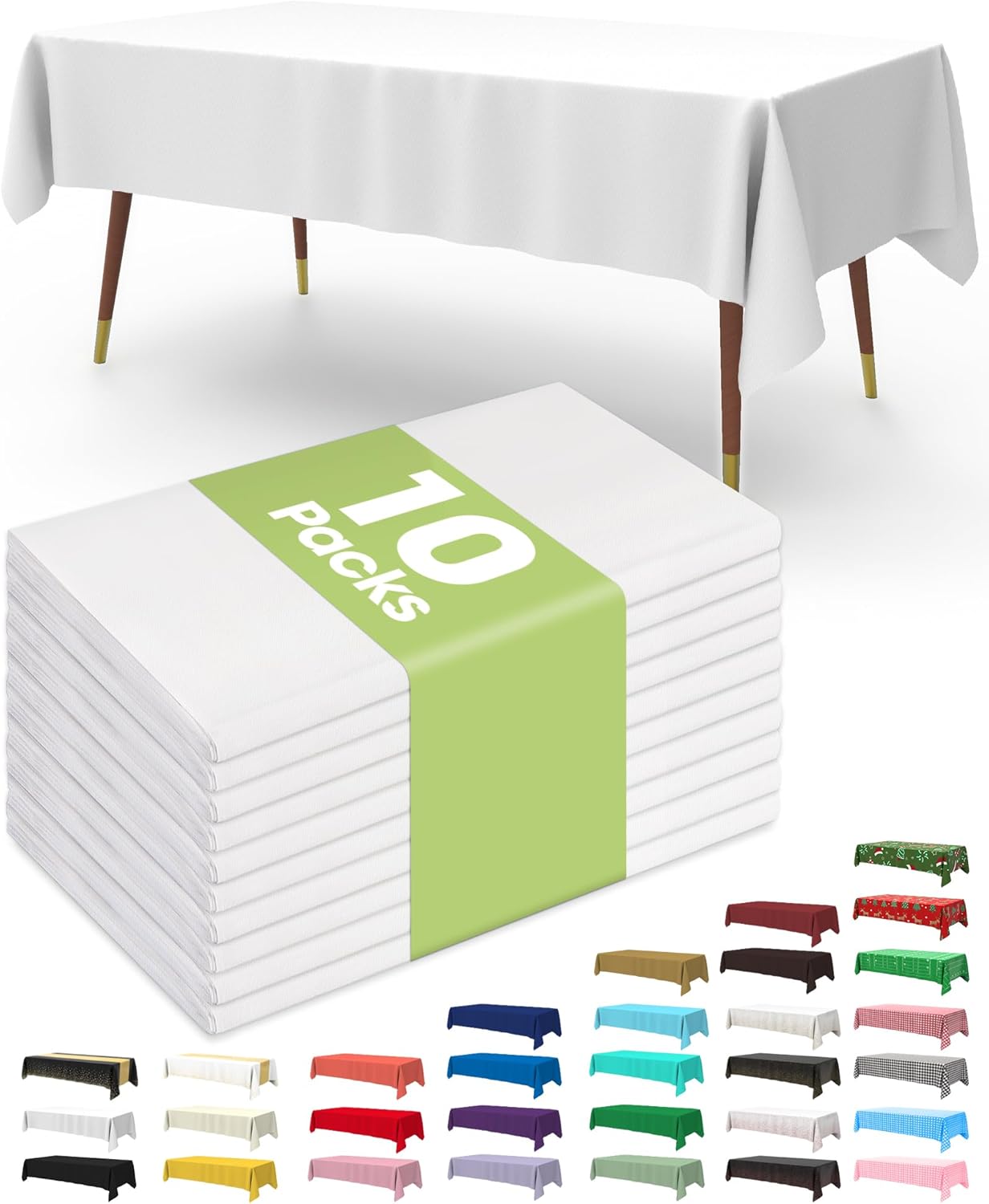 Pureegg Disposable Table Set - 10 Pack of Leakproof White & Blue Tablecloths (54''x108'') & Runners (14''x108'') for Events