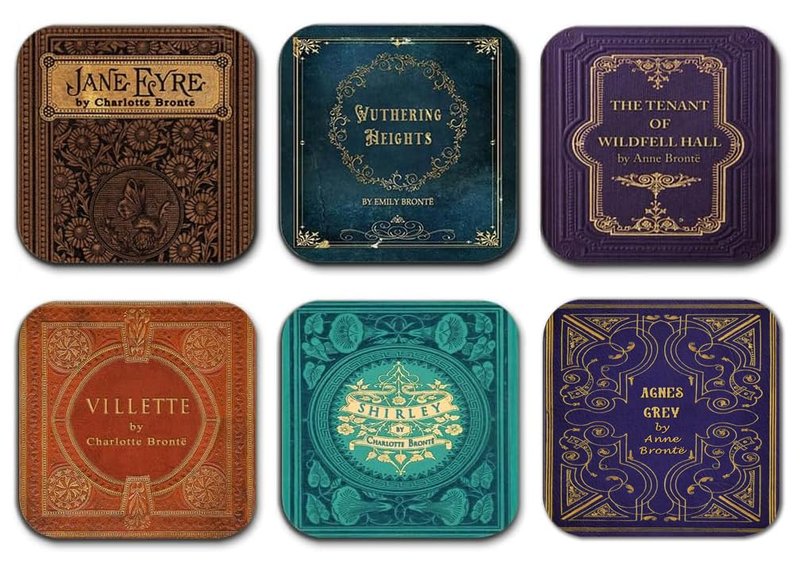 Bronte Sisters Literary Coasters, 6-Piece Set Featuring Classic Book Covers. Jane Eyre, Villette, Wuthering Heights, The Tenant of Wildfell Hall, Shirley, Agnes Grey.