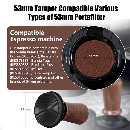IKAPE 53.3mm Espresso Tamper, Spring-loaded Calibrated Tamper with Walnut Handle, Titanium Ripple Plating Base, Fits for 54 Breville Espresso Machine Bottomless Portafilter