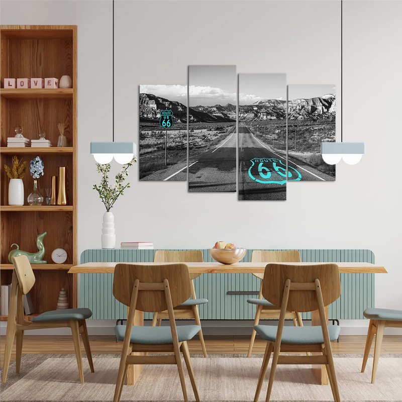 Route 66 Canvas Wall Art California's Mojave Desert Road Scenery Pictures Prints American Wild Western Mountain Painting Decor Framed Black Teal