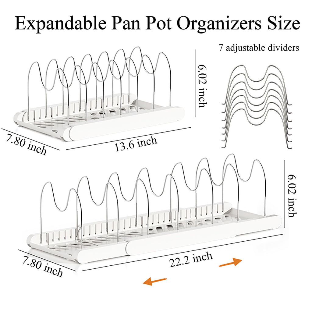 LICRUGU Pot Rack : Pots and Pans Organizer Under Cabinet 7 Adjustable Compartment Expandable Pot Lid Holder for Kitchen Cookware, Bakeware, Lid, Dishes, Cutting Boards,Apricot