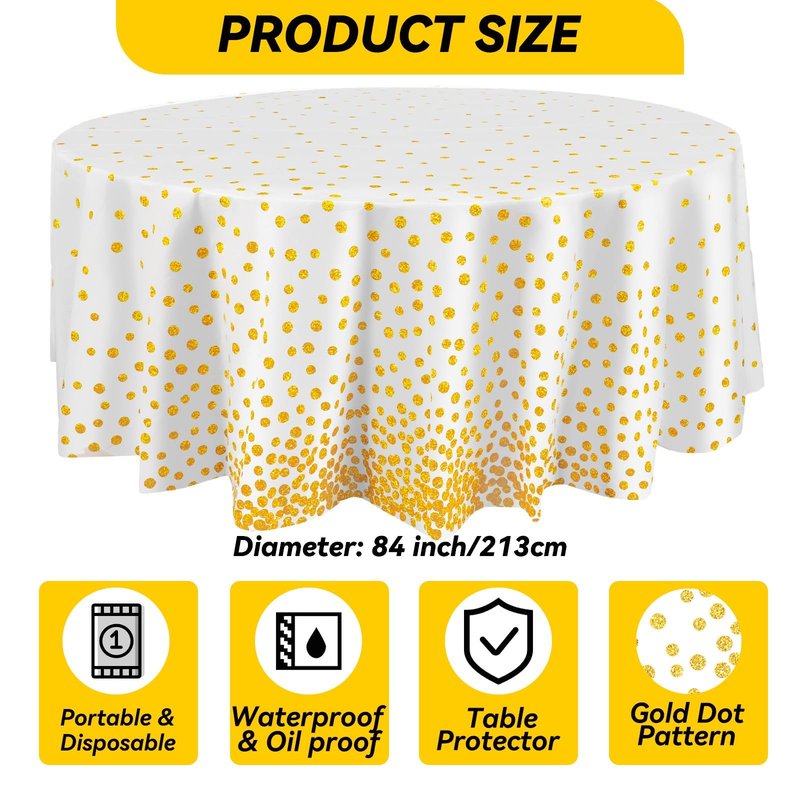 Newwiee 3 Pcs Round Dot Tablecloth 84 Inch Plastic Table Cover Graduation Confetti Tablecloths for Grad Wedding Bridal Shower Birthday Spring Graduate Party Decor (White and Gold Dots)