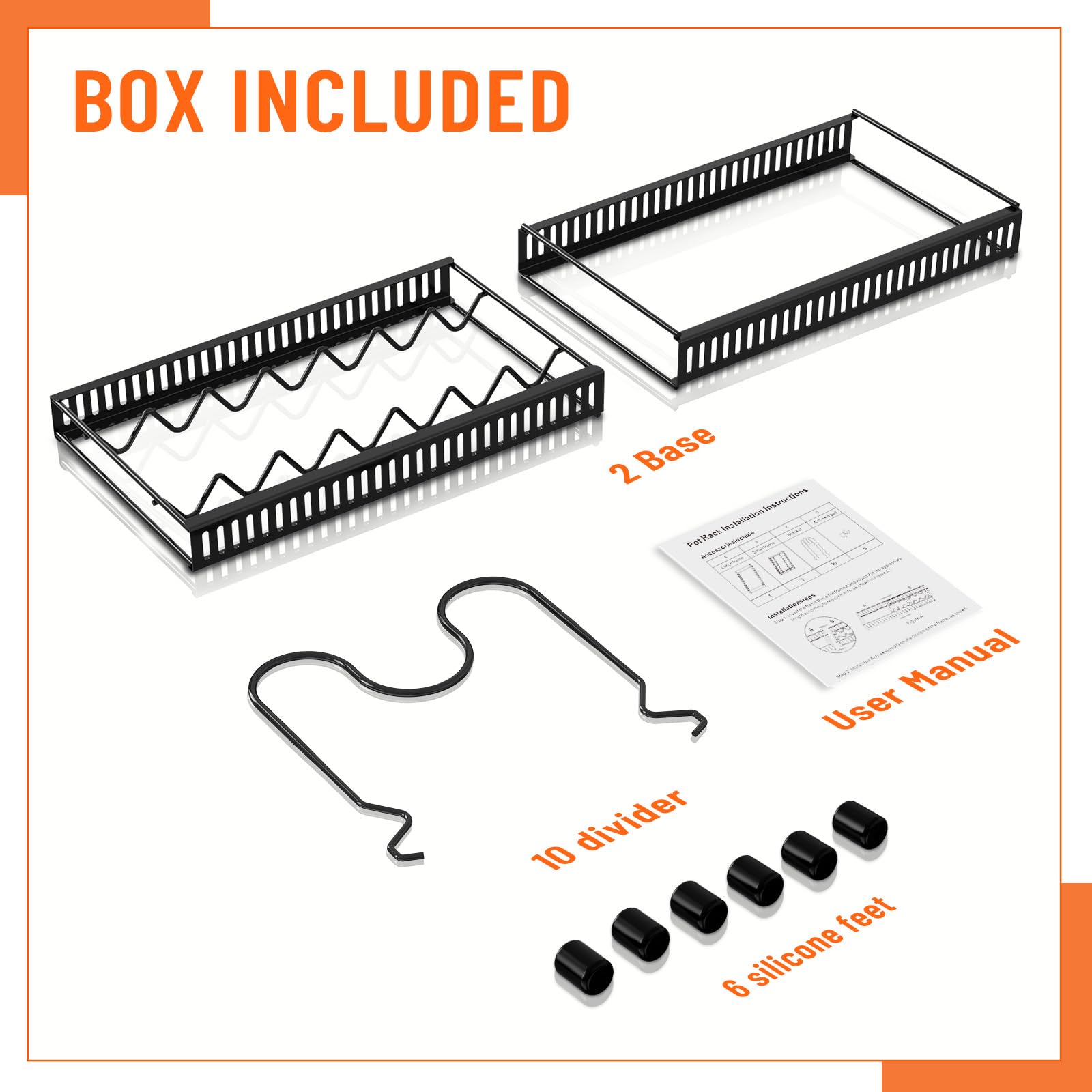 AHNR Expandable Pot and Pan Organizers Rack, 10+ Pans and Pots Lid Organizer Rack Holder, Kitchen Cabinet Pantry Bakeware Organizer Rack Holder with 10 Adjustable Compartments (Black)
