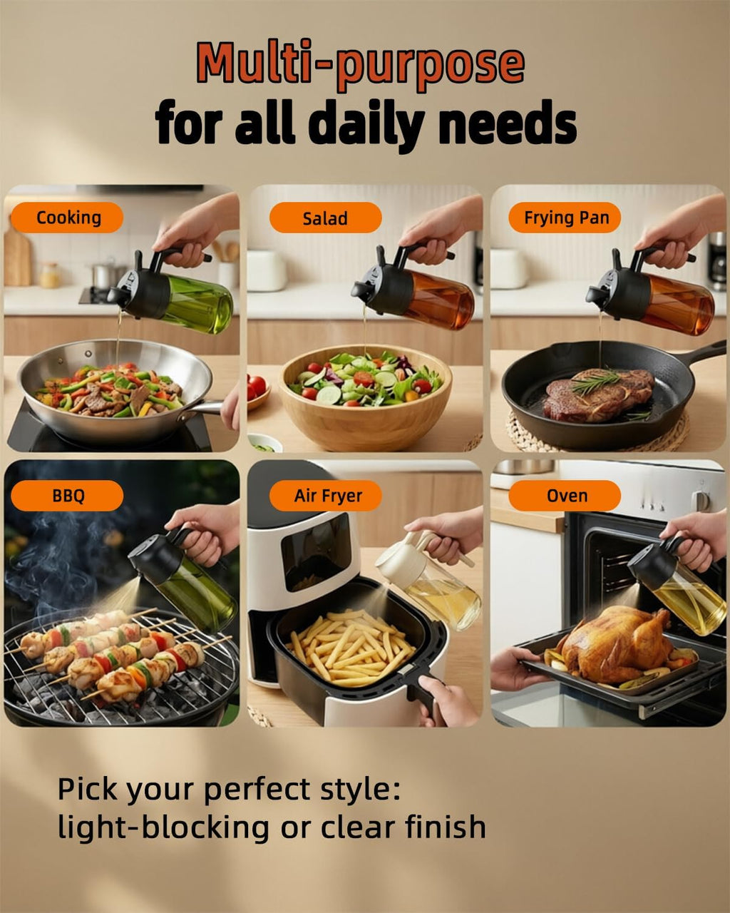 Skiennix 16oz Oil Sprayer - 2-in-1 Food Grade Glass Dispenser for Cooking & BBQ (Black)