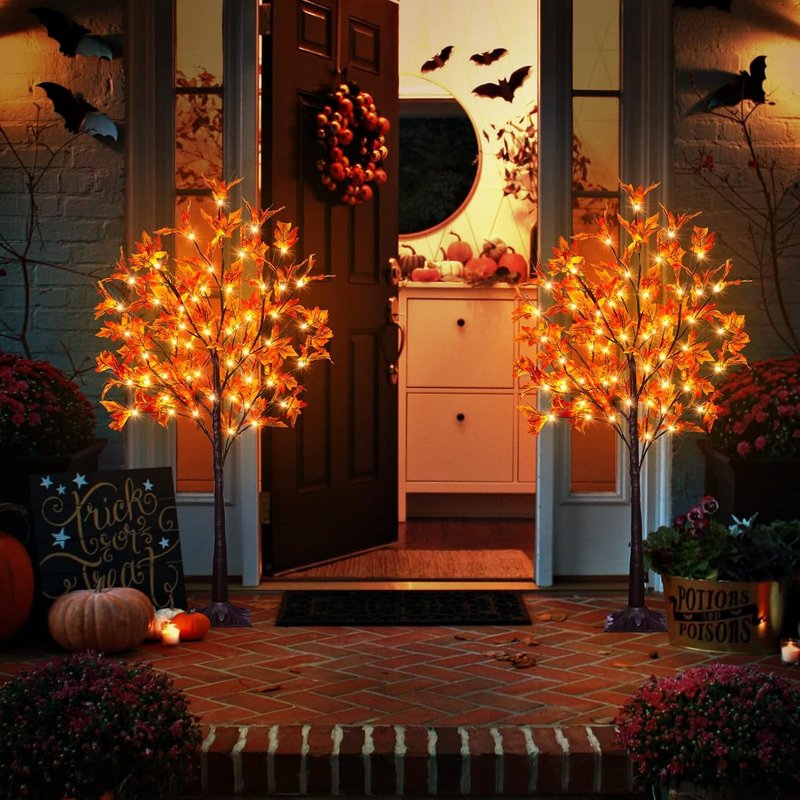 7FT 170LED Fall Maple Tree Light - Thanksgiving Decor Artificial Tree with 17 Acorn, Remote 8 Flashing Modes, Timing, DC 5V Safe for Wedding Party Outdoor Decor (Upgraded Silk-Screened Leaves)