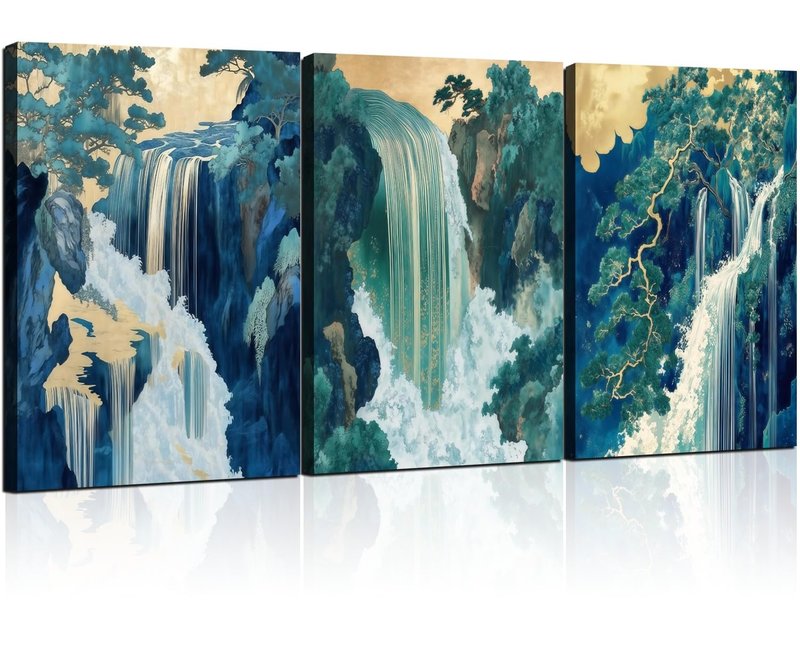 Framed Japanese Waterfall Canvas Wall Art Japanese Style Triptych Painting Nature Scenery Poster Print Oriental Gallery Style Decorative Painting Living Room Bedroom 16×24 Inch Ready to Hang