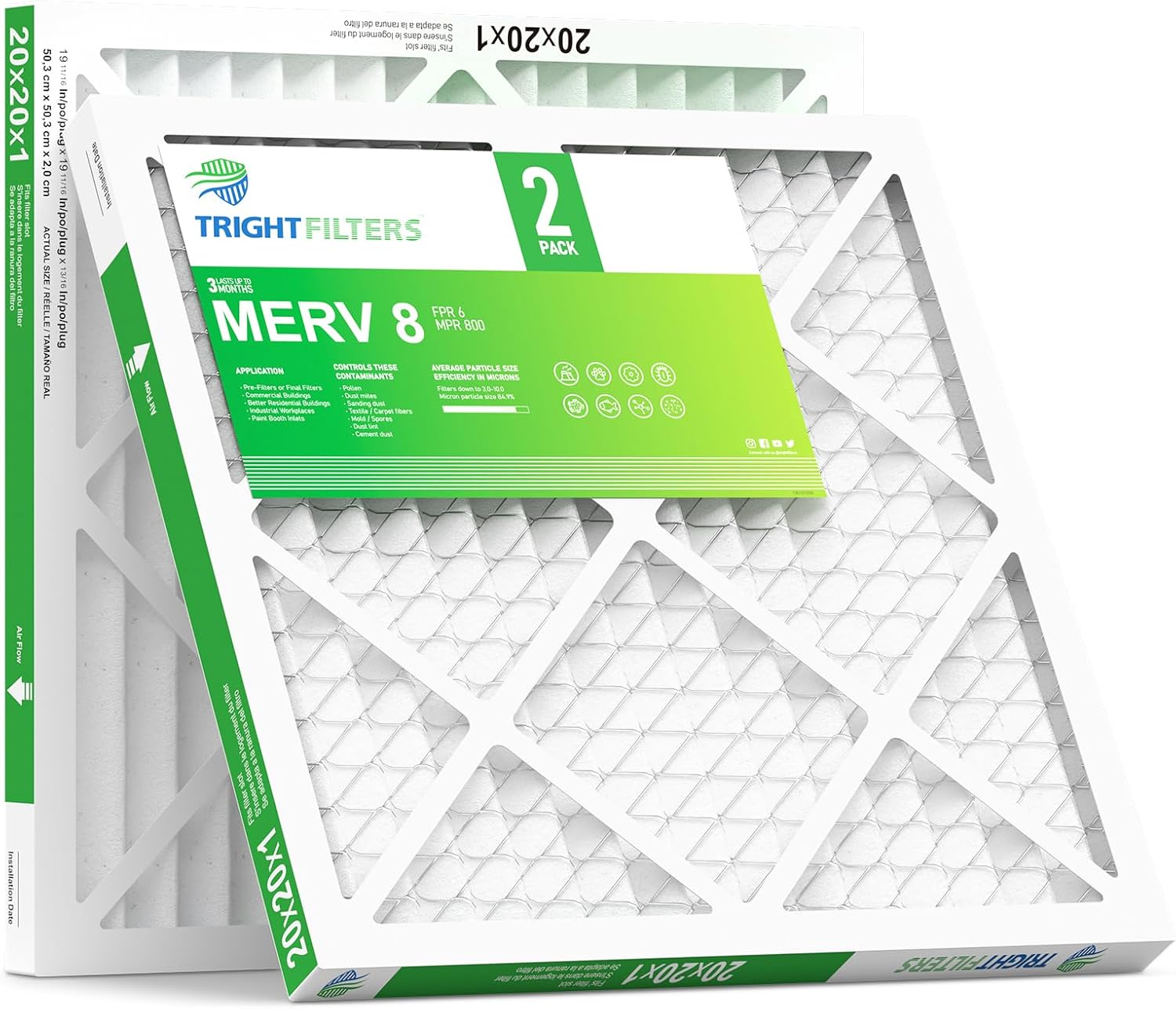 TRIGHTFILTERS 20x20x1 Air Filter - Durable MERV 8 Pleated HVAC & AC Replacement | 2-Pack