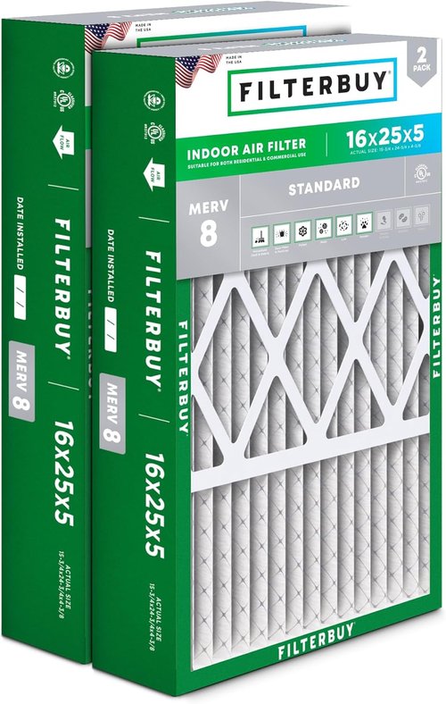 Filterbuy 16x25x5 Air Filter - MERV 8 Dust & Allergy Defense (2-Pack) | Pleated HVAC AC Furnace Filters