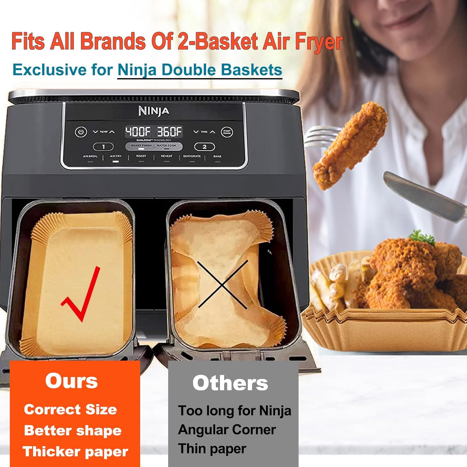 Ninja Foodi Air Fryer Liners - Disposable Parchment Paper for Dual Basket Cooking | Rectangular Size