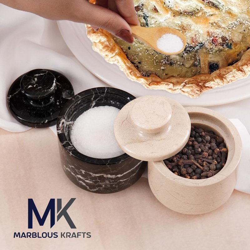 MARBLOUS KRAFTS Marble Salt Cellar with Lid 3" Inch Black & Oceanic Sugar Dispenser Home Décor Ideal Sugar & Salt Containers For Kitchen Storage