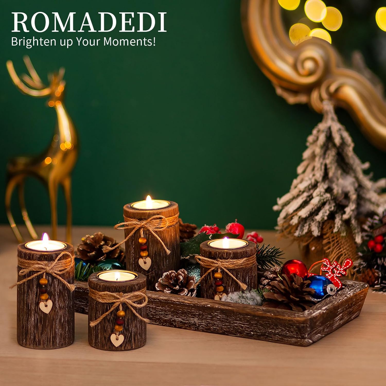 Romadedi Boho Wooden Tray Candle Holder Set - Farmhouse Coffee Table Decor with 4 Tealight Holders