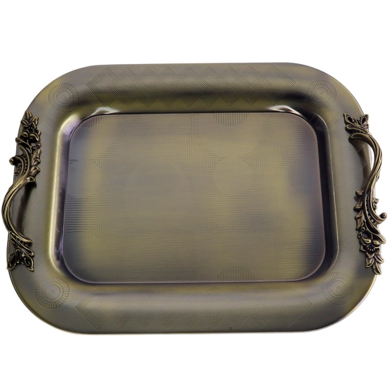 Maro Megastore 15.7 inch x 12.2 inch Oblong Iron Bronze Plated Serving Tray with Handles Stylish Design Floral Engraved Edge Decorative Party Wedding Dessert Buffet Wine Platter Plate FST-075